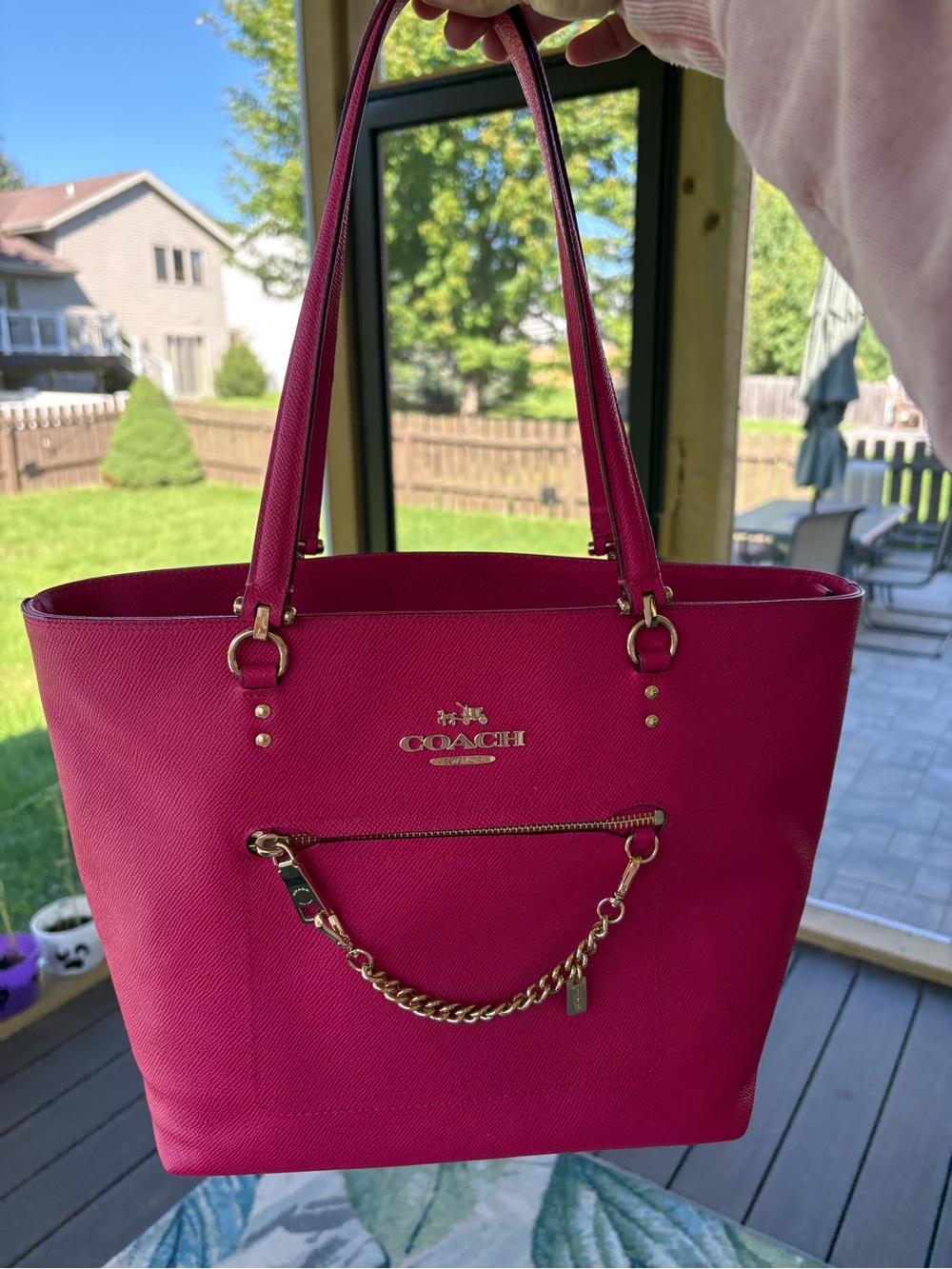 Coach Fuchsia Tote with Gold Chain Accent